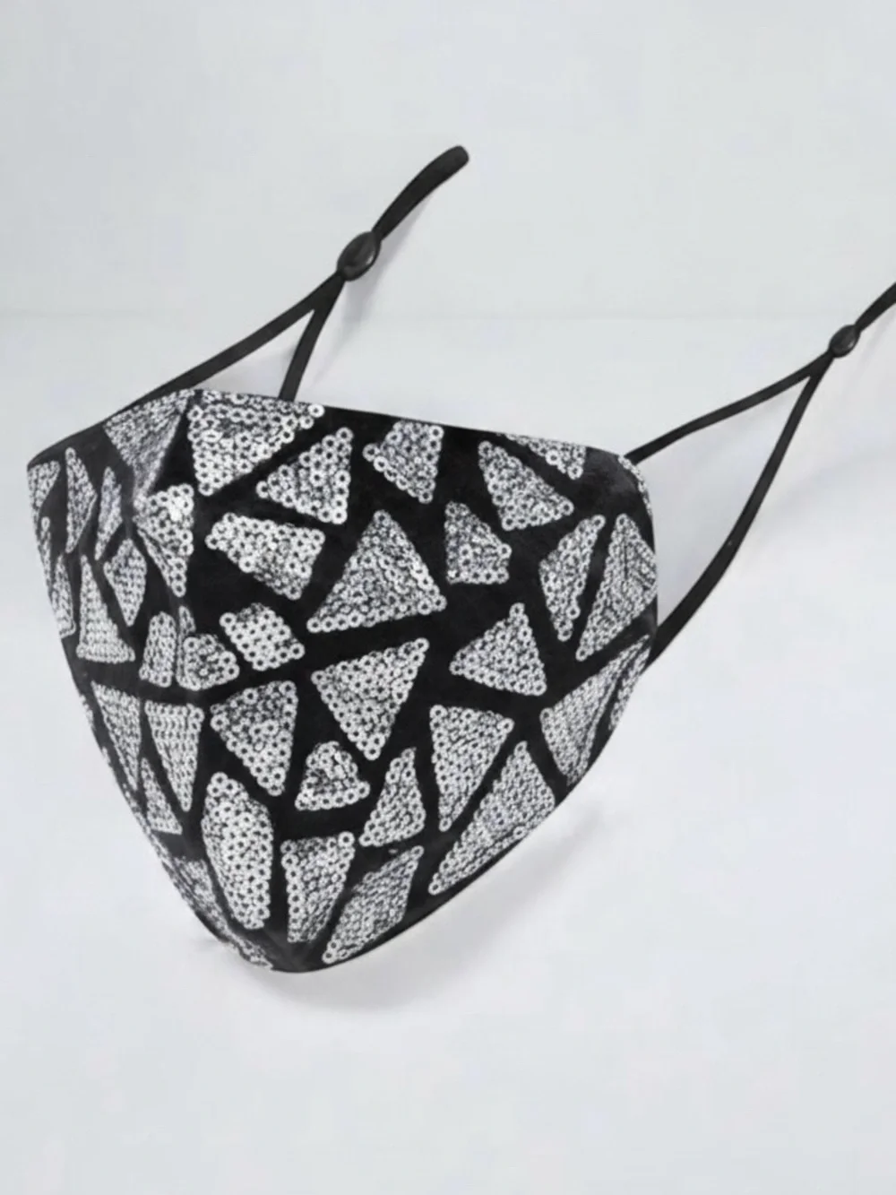 Black Silver Sequin Geometric Face Mask Adjustable Reusable NWT Sealed